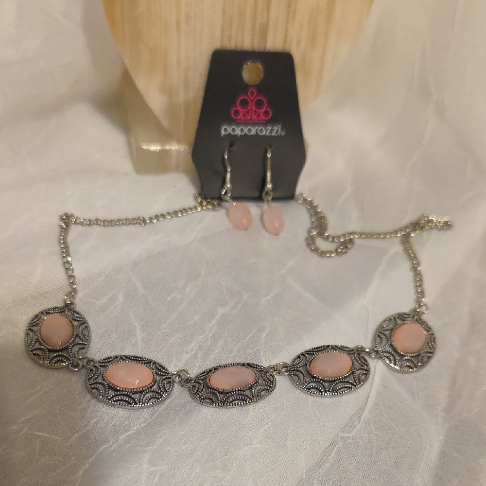 Paparazzi Silver Necklace with Soft Pink Stones Jewelry Set